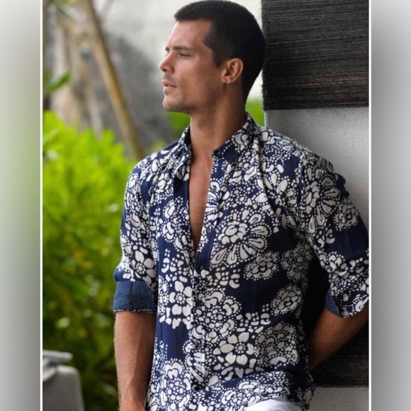 Pier St Barth St Jean Voile Floral Navy White Men’s Shirt Size Medium - Picture 1 of 7